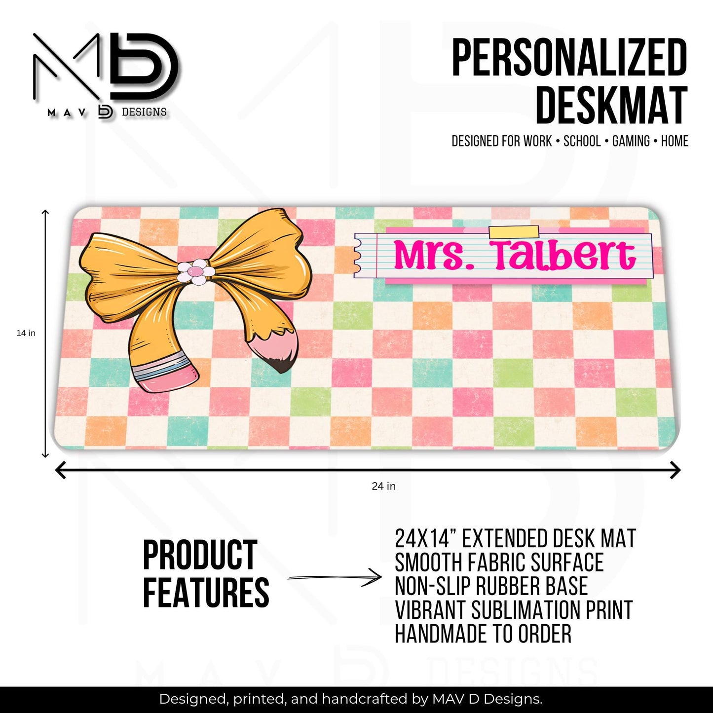 Personalized Deskmat | Distressed Pastel Checkered | Pencil Bow Pink Post It Washi Tape | Custom Name