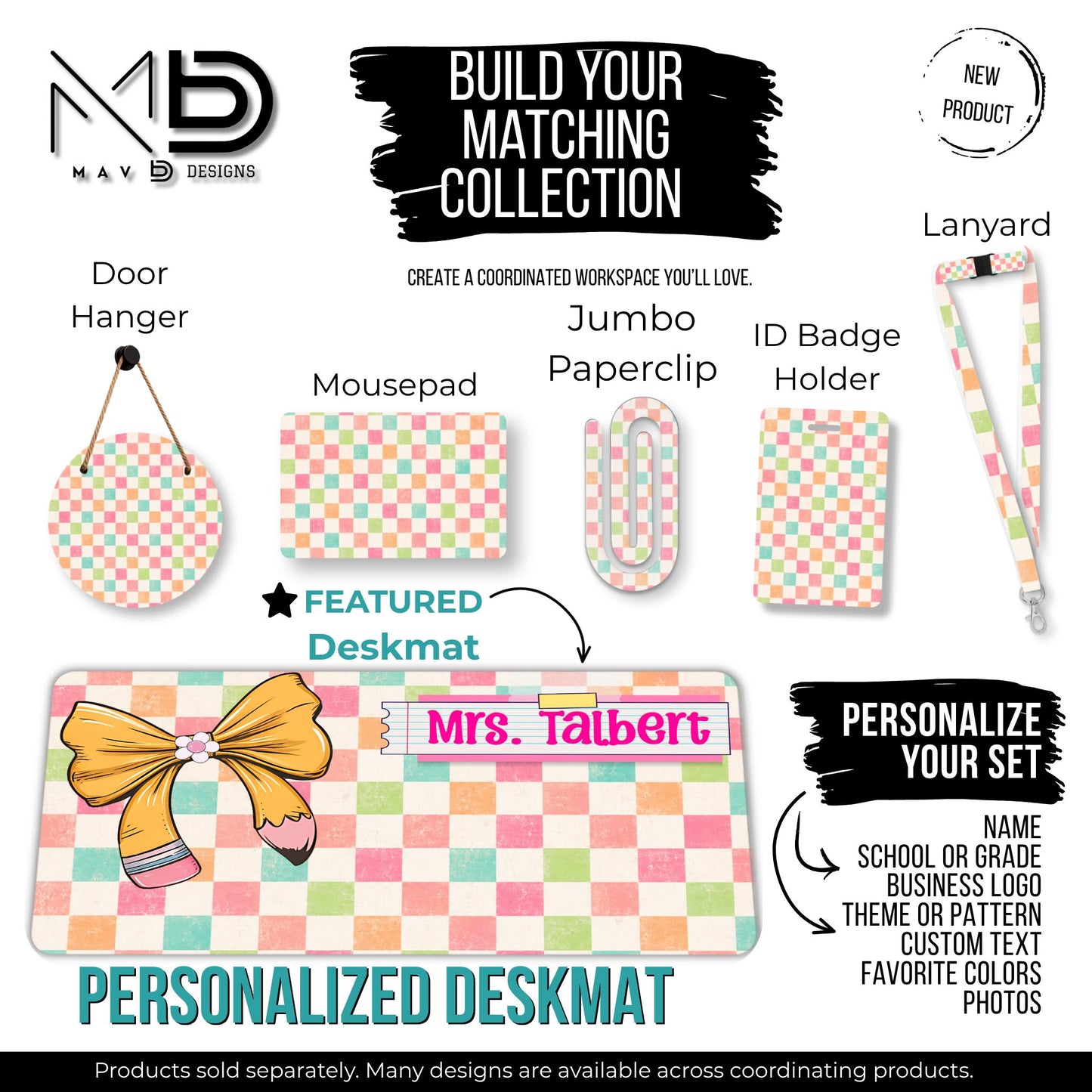 Personalized Deskmat | Distressed Pastel Checkered | Pencil Bow Pink Post It Washi Tape | Custom Name