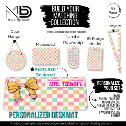 Personalized Deskmat | Distressed Pastel Checkered | Pencil Bow Pink Post It Washi Tape | Custom Name