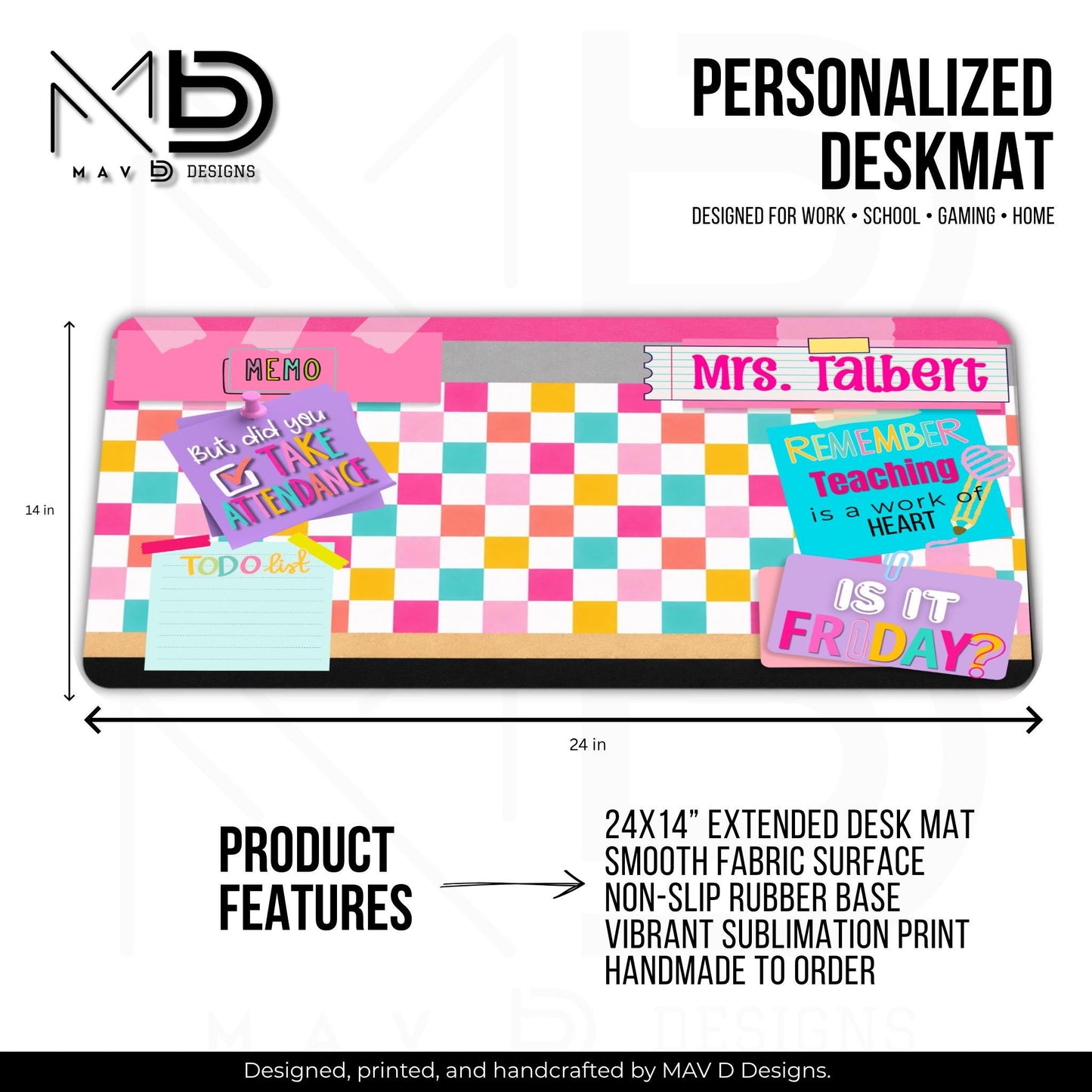 Personalized Deskmat | Bright Checkered Pencil Layers | Pink Post It Washi Tape | Sticky Notes | Custom Name
