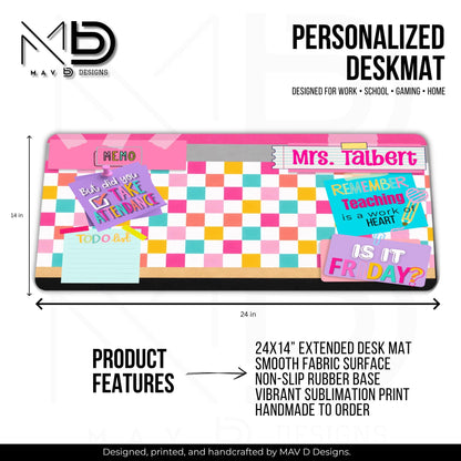 Personalized Deskmat | Bright Checkered Pencil Layers | Pink Post It Washi Tape | Sticky Notes | Custom Name