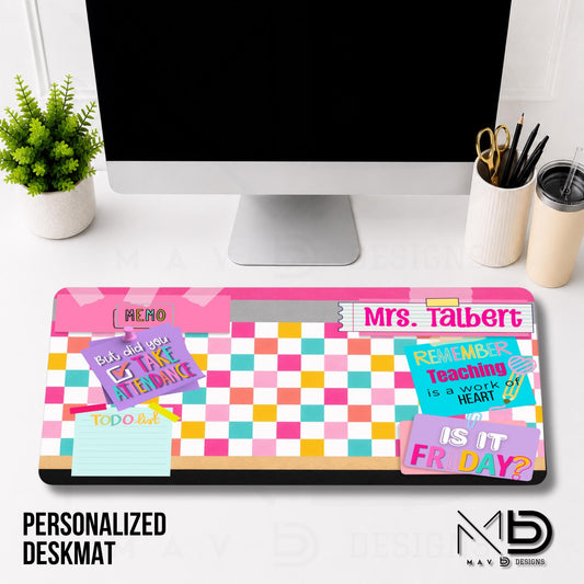 Personalized Deskmat | Bright Checkered Pencil Layers | Pink Post It Washi Tape | Sticky Notes | Custom Name