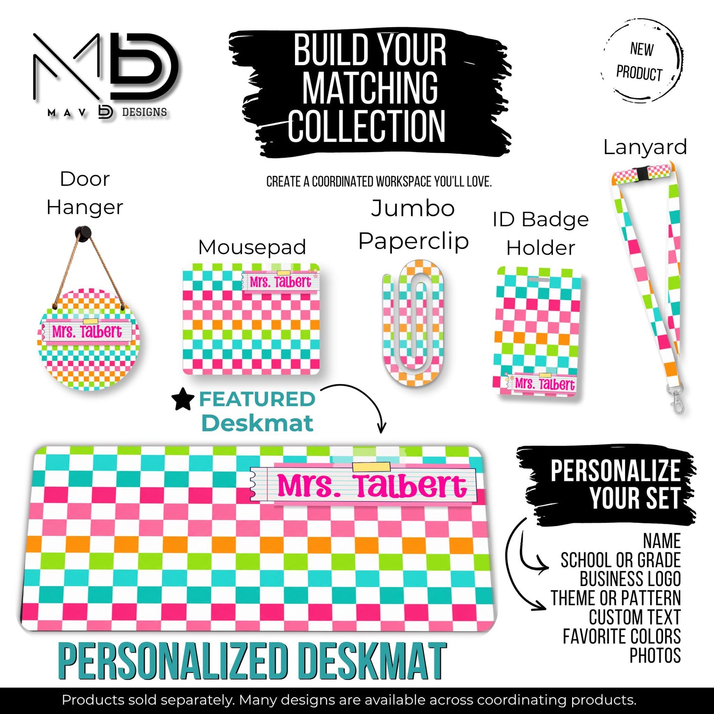 Personalized Deskmat | Bright Colorblock Checkered | Pink Post It Washi Tape | Custom Name