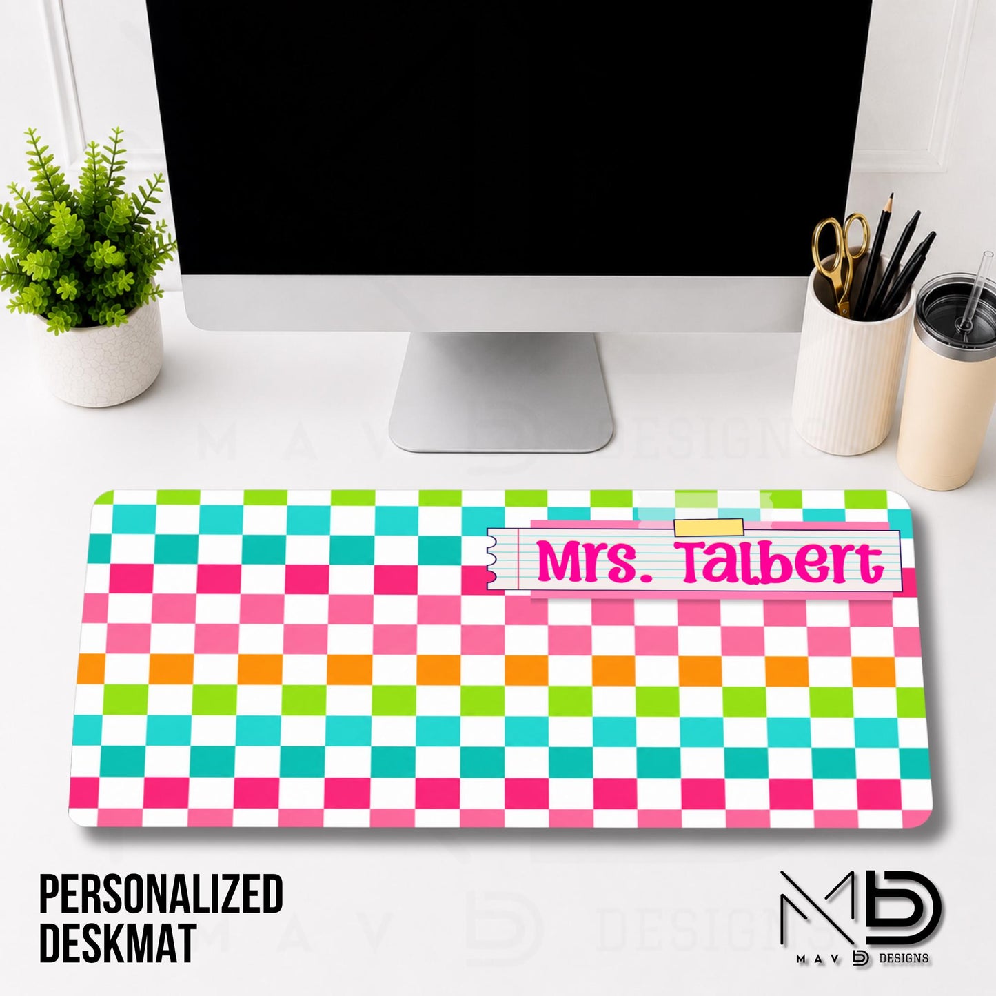 Personalized Deskmat | Bright Colorblock Checkered | Pink Post It Washi Tape | Custom Name