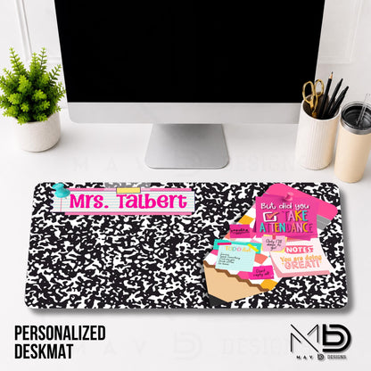 Personalized Deskmat | Black Composition | Jumbo Pencil Bulletin Board | Pink Post It Washi Tape | Sticky Notes | Custom Name