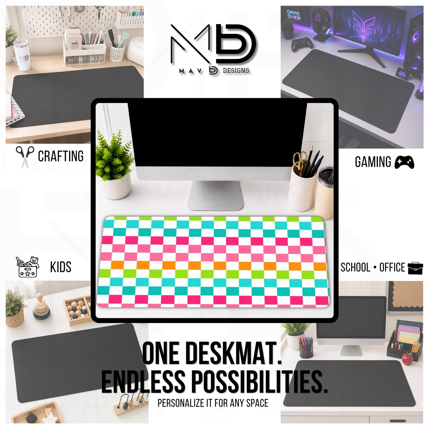 Personalized Deskmat | Bright Colorblock Checkered