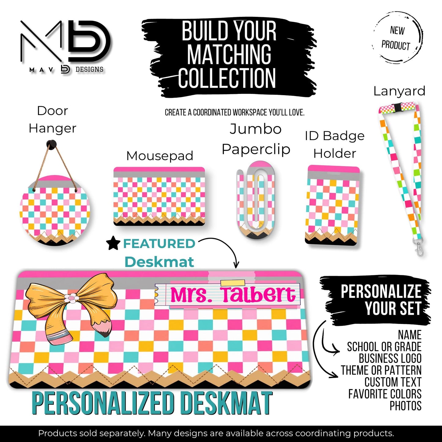 Personalized Deskmat | Bright Checkered Pencil Layers | Pink Post-it Notes Washi Tape | Pencil Bow