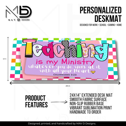 Personalized Deskmat | Bright Colorblock Checkered | Teaching Is My Ministry |