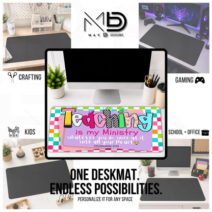 Personalized Deskmat | Bright Colorblock Checkered | Teaching Is My Ministry |