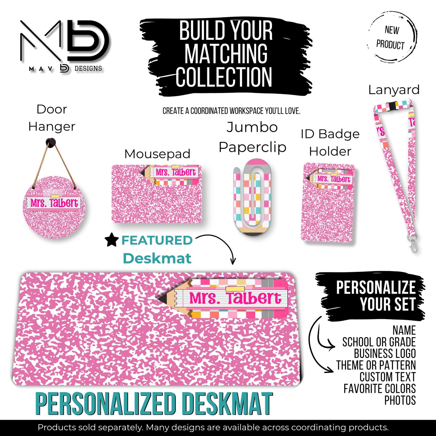 Personalized Deskmat | Pink Composition | Pink Post It Washi Tape Checkered Pencil Layer | Custom Name