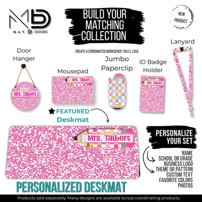 Personalized Deskmat | Pink Composition | Pink Post It Washi Tape Checkered Pencil Layer | Custom Name