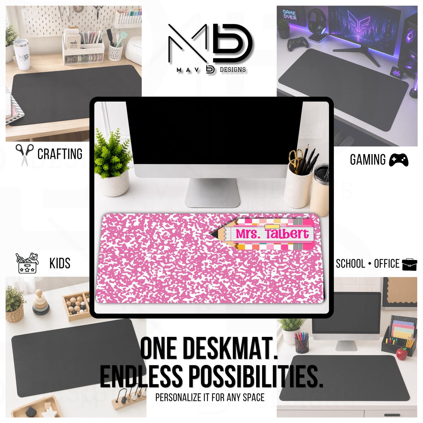 Personalized Deskmat | Pink Composition | Pink Post It Washi Tape Checkered Pencil Layer | Custom Name