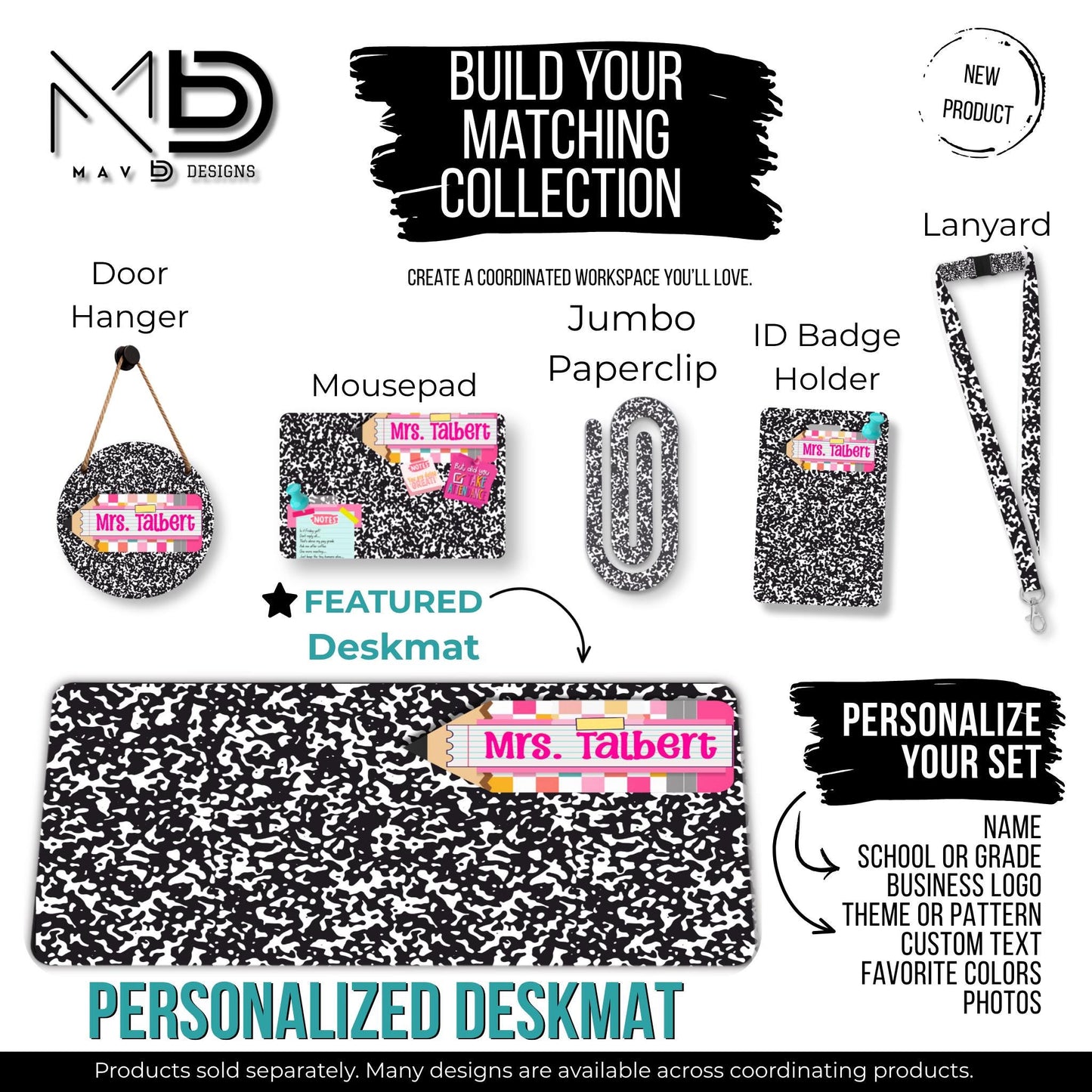 Personalized Deskmat | Black Composition | Pink Post It Washi Tape Checkered Pencil Layer | Custom Name
