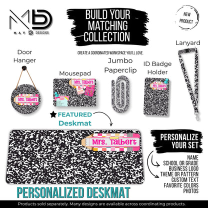 Personalized Deskmat | Black Composition | Pink Post It Washi Tape Checkered Pencil Layer | Custom Name