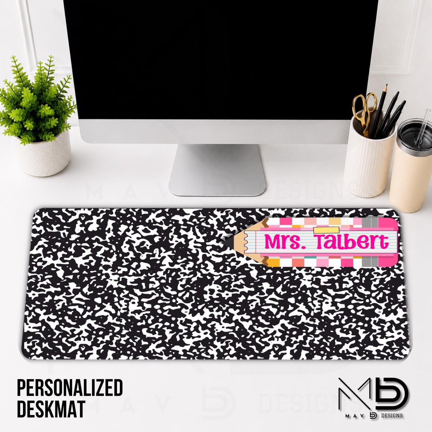 Personalized Deskmat | Black Composition | Pink Post It Washi Tape Checkered Pencil Layer | Custom Name