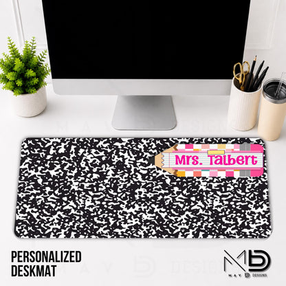 Personalized Deskmat | Black Composition | Pink Post It Washi Tape Checkered Pencil Layer | Custom Name