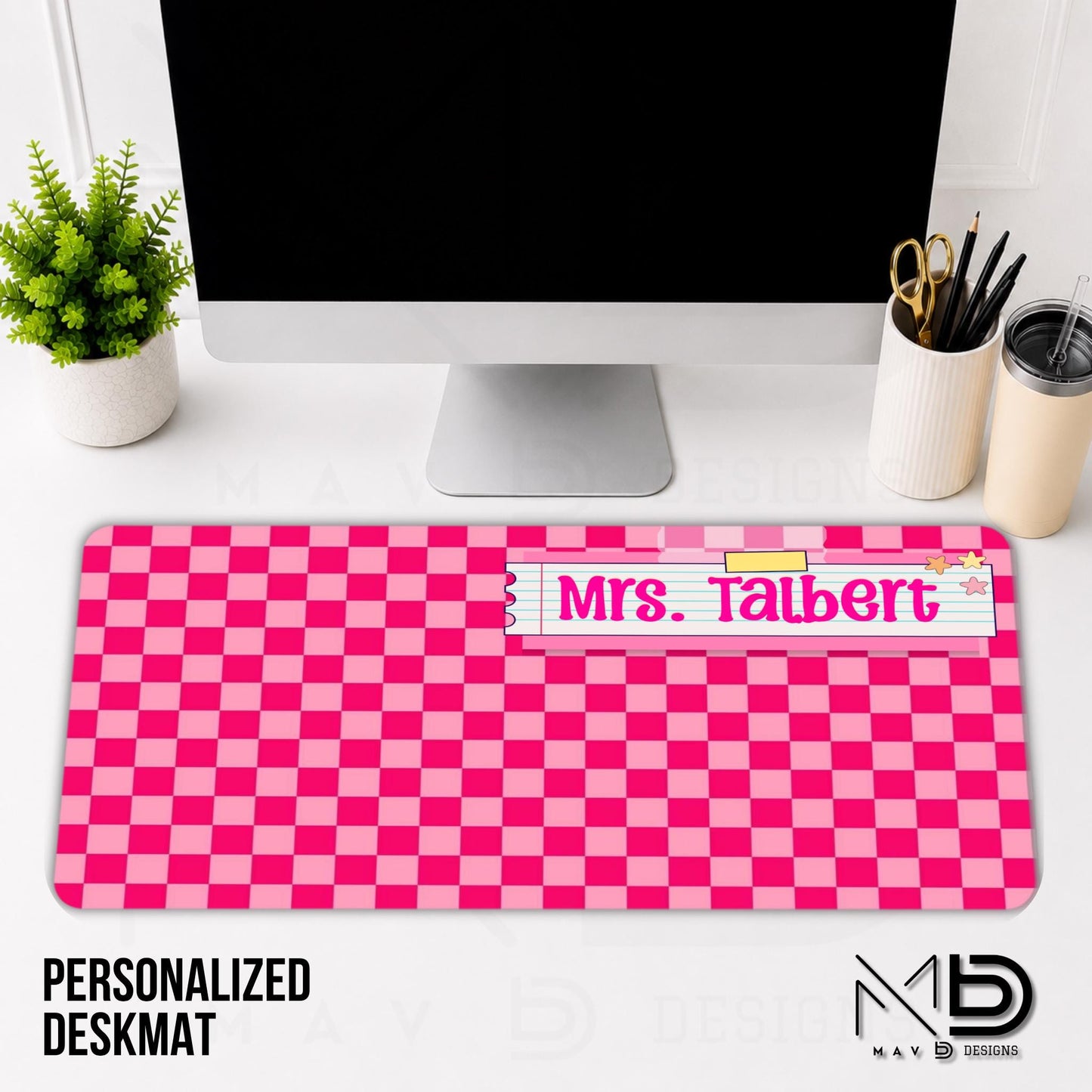 Personalized Deskmat | Hot Pink Checkered | Pink Post It Washi Tape Nameplate | Custom Name