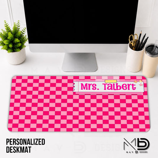 Personalized Deskmat | Hot Pink Checkered | Pink Post It Washi Tape Nameplate | Custom Name