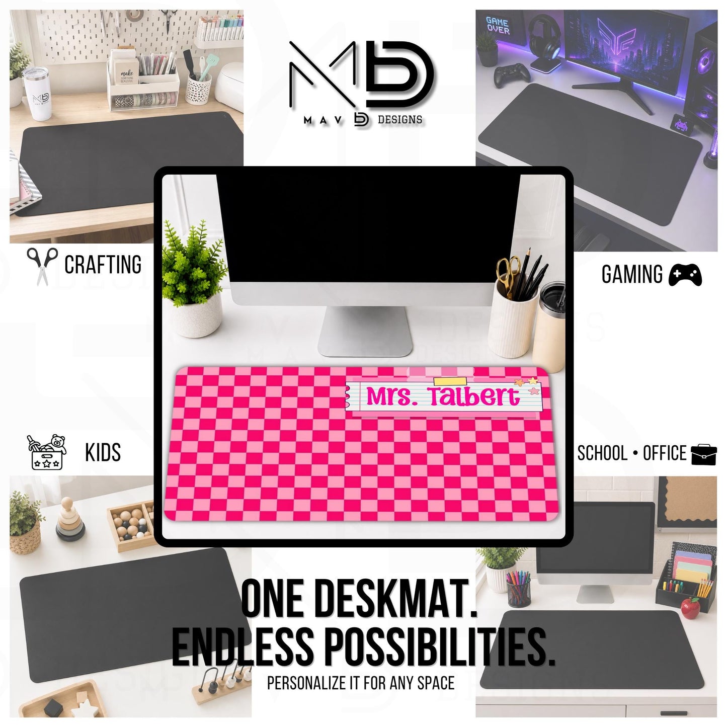 Personalized Deskmat | Hot Pink Checkered | Pink Post It Washi Tape Nameplate | Custom Name