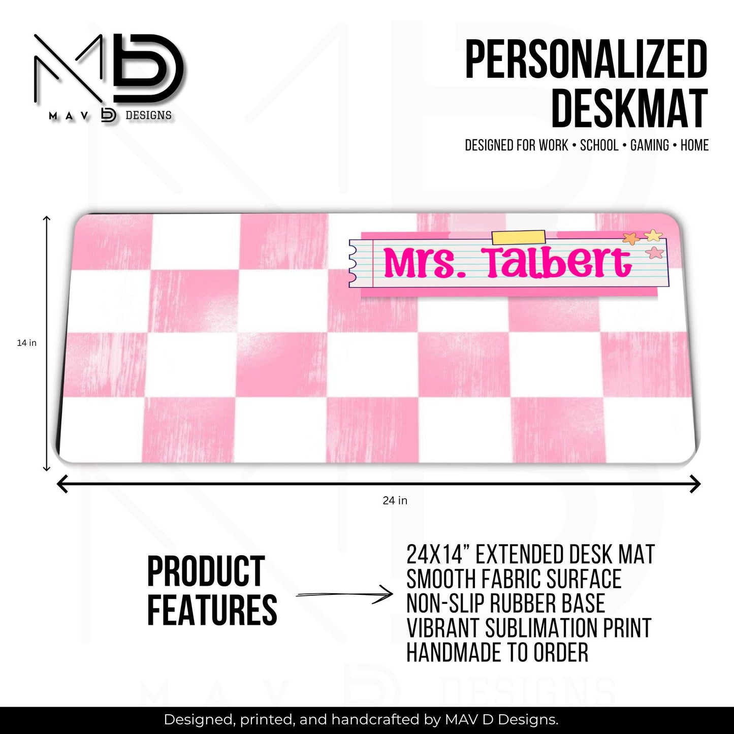 Personalized Deskmat | Distressed Soft Pink Checkered | Pink Post It Washi Tape Nameplate | Custom Name
