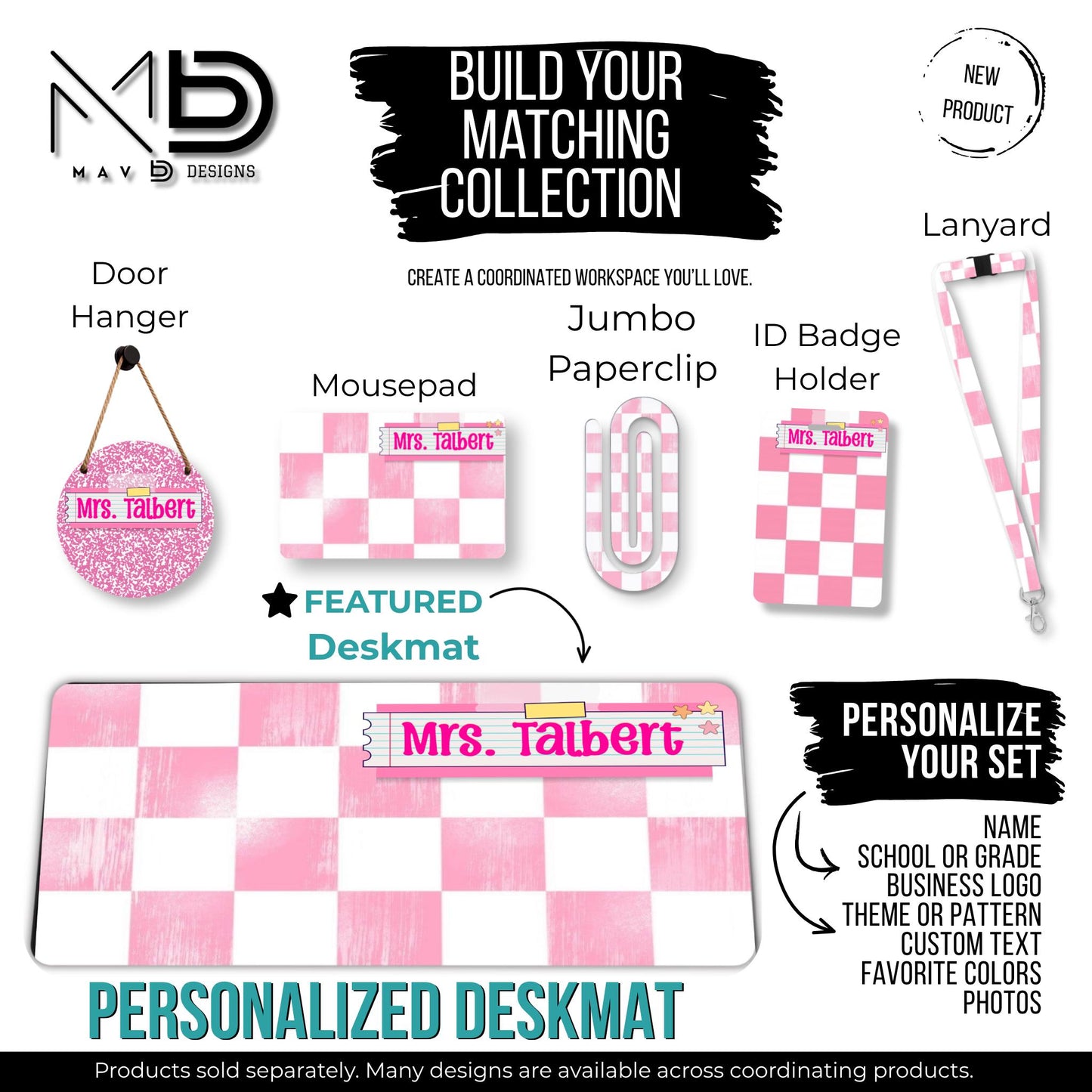 Personalized Deskmat | Distressed Soft Pink Checkered | Pink Post It Washi Tape Nameplate | Custom Name