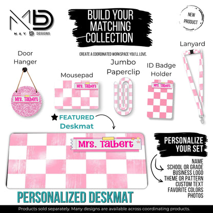 Personalized Deskmat | Distressed Soft Pink Checkered | Pink Post It Washi Tape Nameplate | Custom Name