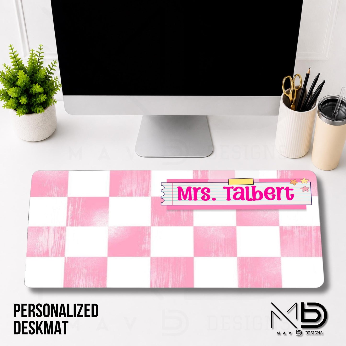 Personalized Deskmat | Distressed Soft Pink Checkered | Pink Post It Washi Tape Nameplate | Custom Name