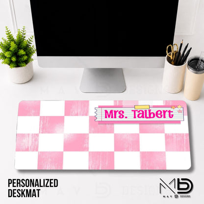 Personalized Deskmat | Distressed Soft Pink Checkered | Pink Post It Washi Tape Nameplate | Custom Name