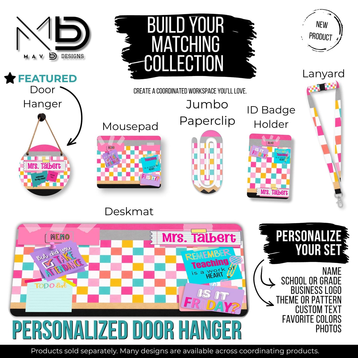 Personalized Teacher Door Hanger | Bright Checkered Washi Tape Nameplate | Sticky Notes| 10” or 12” Metal Door Decor