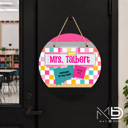 Personalized Teacher Door Hanger | Bright Checkered Washi Tape Nameplate | Sticky Notes| 10” or 12” Metal Door Decor