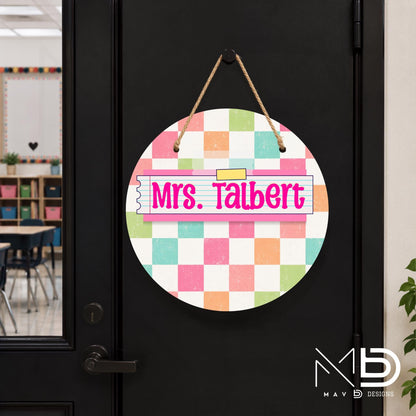 Personalized Teacher Door Hanger | Distressed Pastel Checkered Washi Tape Nameplate | 10” or 12” Metal Door Decor