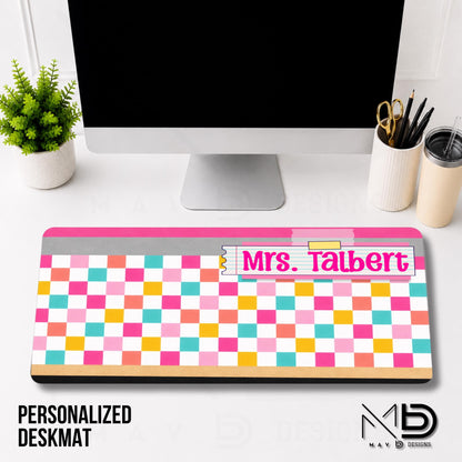 Personalized Deskmat | Bright Checkered Pencil Layers | Post-It Washi Tape Nameplate | Custom Name