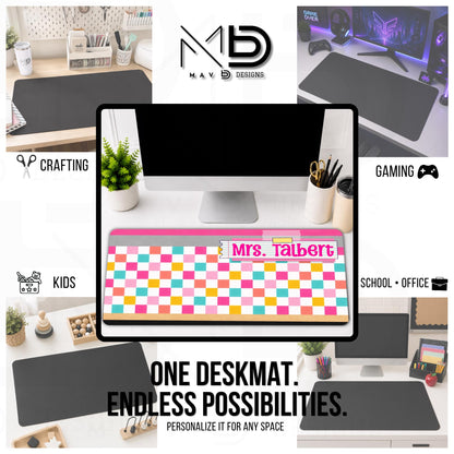 Personalized Deskmat | Bright Checkered Pencil Layers | Post-It Washi Tape Nameplate | Custom Name