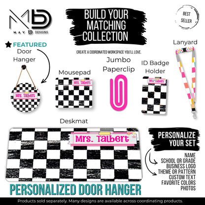 Personalized Teacher Door Hanger | Distressed Checkered Washi Tape Nameplate |  10” or 12” Metal Door Decor