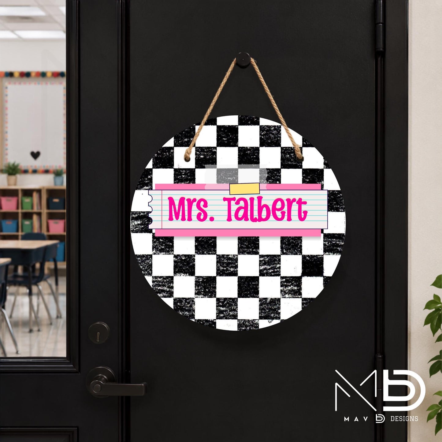 Personalized Teacher Door Hanger | Distressed Checkered Washi Tape Nameplate |  10” or 12” Metal Door Decor