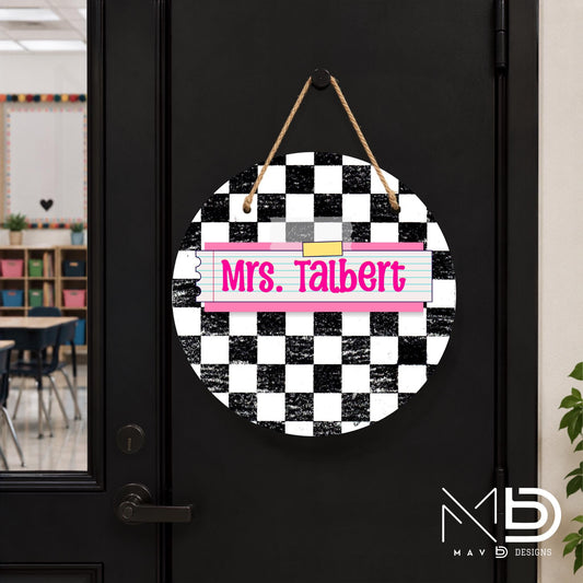 Personalized Teacher Door Hanger | Distressed Checkered Washi Tape Nameplate |  10” or 12” Metal Door Decor