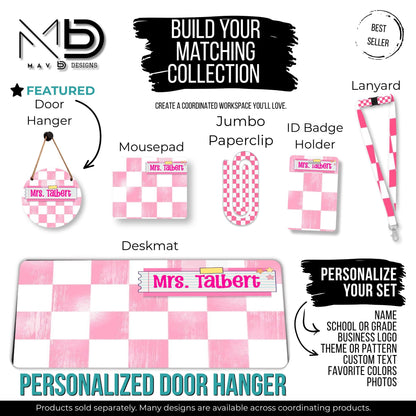 Personalized Teacher Door Hanger | Pink Distressed Checkered Washi Tape Nameplate |  10” or 12” Metal Door Decor