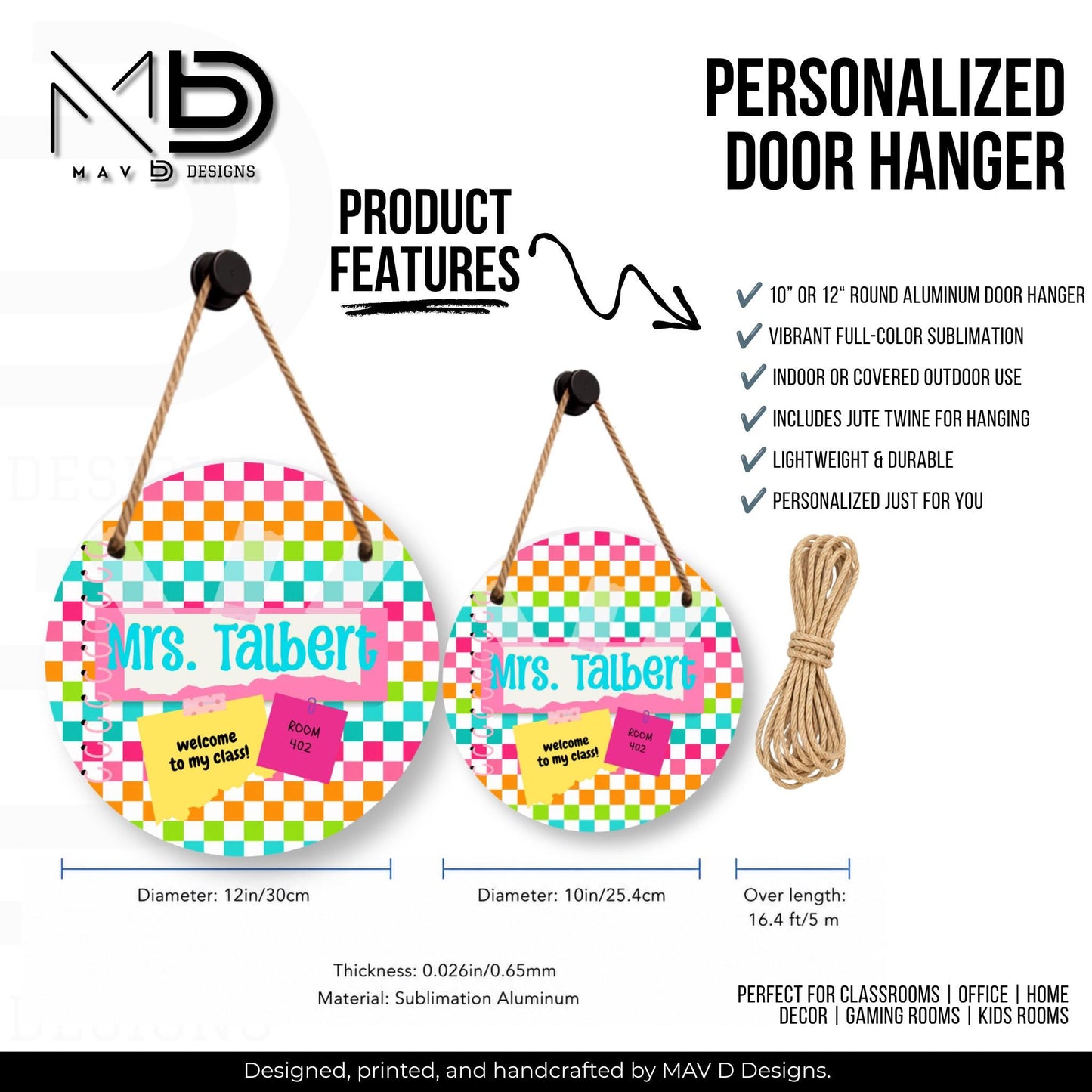 Personalized Teacher Door Hanger | Vibrant Checkered Washi Tape Nameplate | Post It Notes |  10” or 12” Metal Door Decor