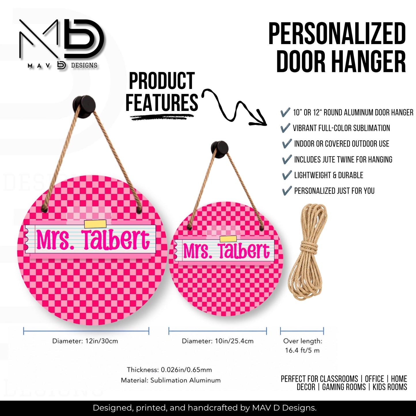 Personalized Teacher Door Hanger | Hot Pink Mini Checkered Washi Tape Nameplate |  10” or 12” Metal Door Decor