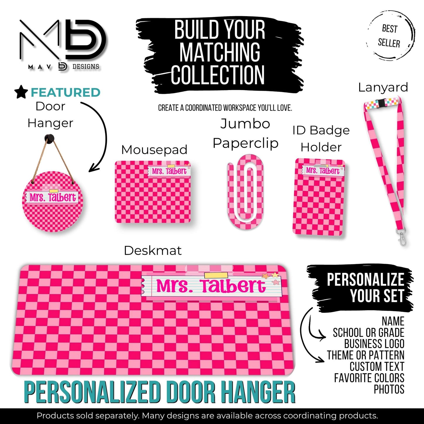 Personalized Teacher Door Hanger | Hot Pink Mini Checkered Washi Tape Nameplate |  10” or 12” Metal Door Decor