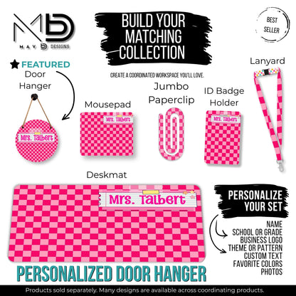 Personalized Teacher Door Hanger | Hot Pink Mini Checkered Washi Tape Nameplate |  10” or 12” Metal Door Decor
