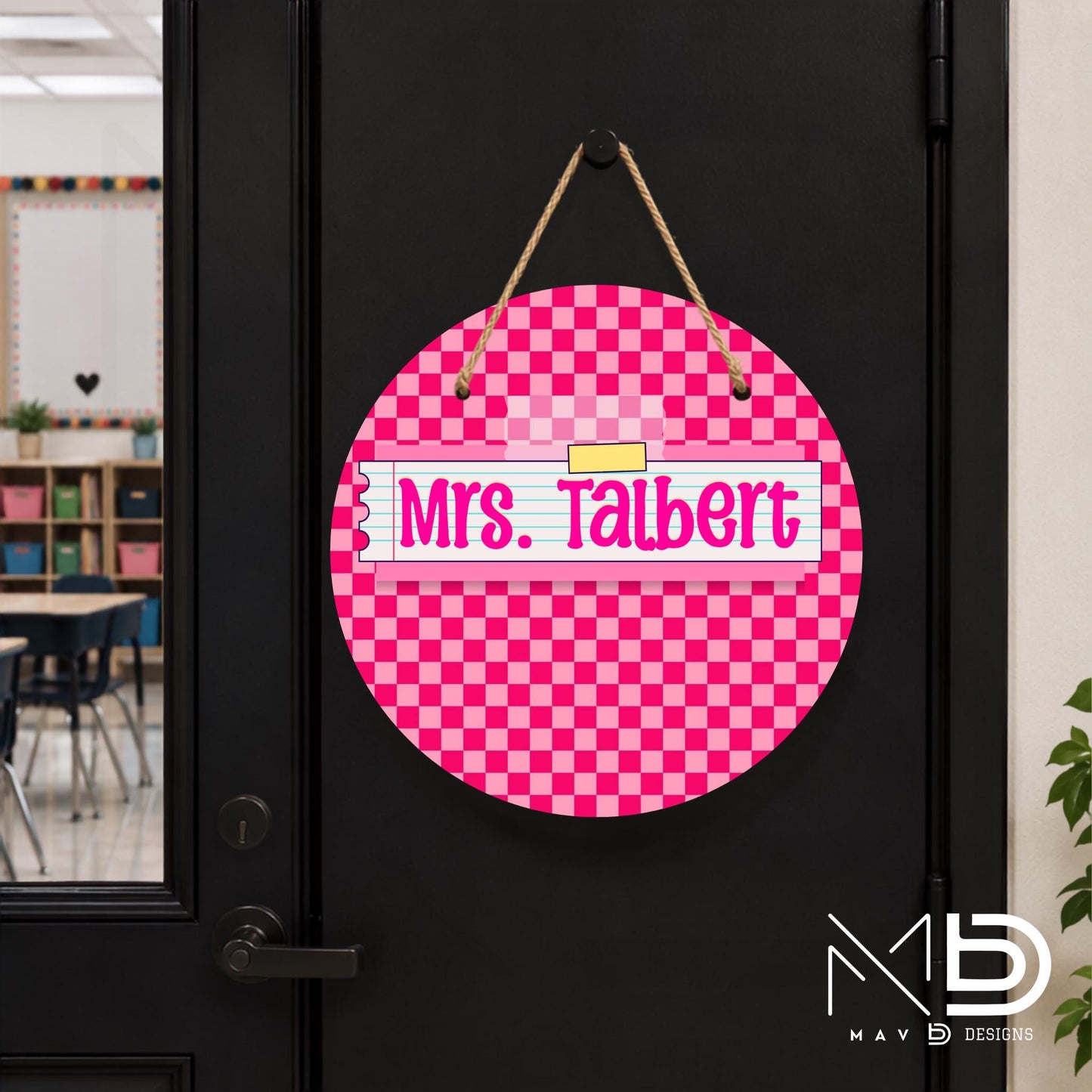 Personalized Teacher Door Hanger | Hot Pink Mini Checkered Washi Tape Nameplate |  10” or 12” Metal Door Decor