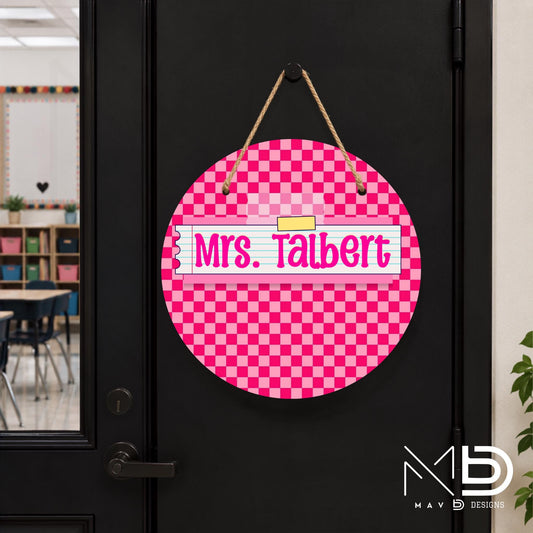 Personalized Teacher Door Hanger | Hot Pink Mini Checkered Washi Tape Nameplate |  10” or 12” Metal Door Decor