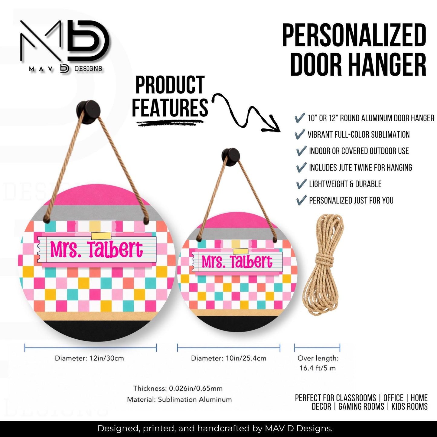 Personalized Teacher Door Hanger | Bright Checkered | Pencil | Washi Tape Nameplate |  10” or 12” Metal Door Decor