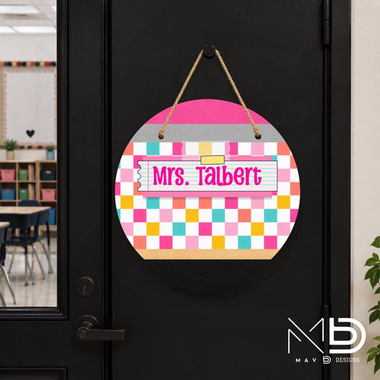 Personalized Teacher Door Hanger | Bright Checkered | Pencil | Washi Tape Nameplate |  10” or 12” Metal Door Decor