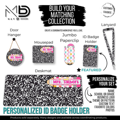 Personalized ID Badge Holder | Black Composition Bright Vibrant Pencil Name Plate | Custom Name