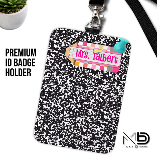 Personalized ID Badge Holder | Black Composition Bright Vibrant Pencil Name Plate | Custom Name