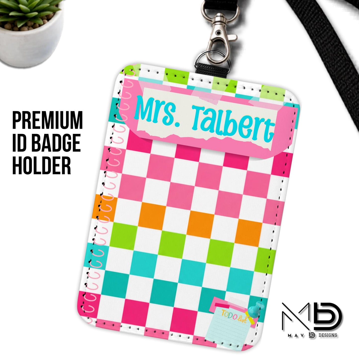 Personalized ID Badge Holder | Bright Vibrant Checkered Washi Tape Sticky Notes | Custom Name