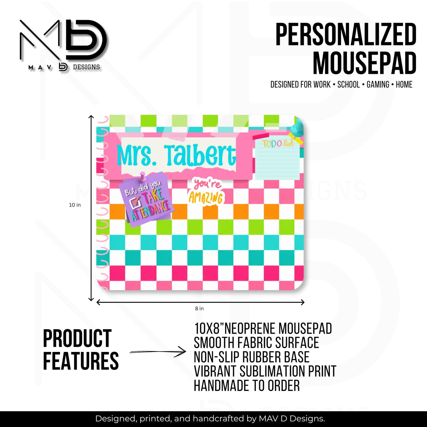 Personalized Teacher Mouse Pad | Vibrant Checkered Washi Tape Sticky Notes | Custom Name