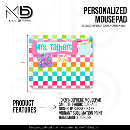 Personalized Teacher Mouse Pad | Vibrant Checkered Washi Tape Sticky Notes | Custom Name